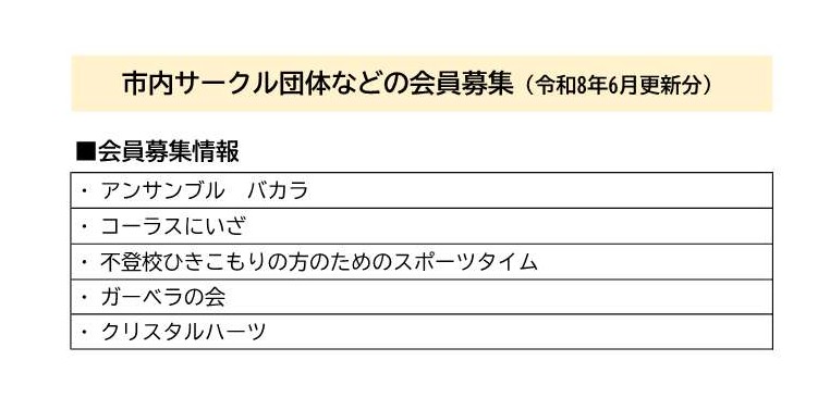 市内サークル団体などの会員募集一覧（令和8年6月更新分）